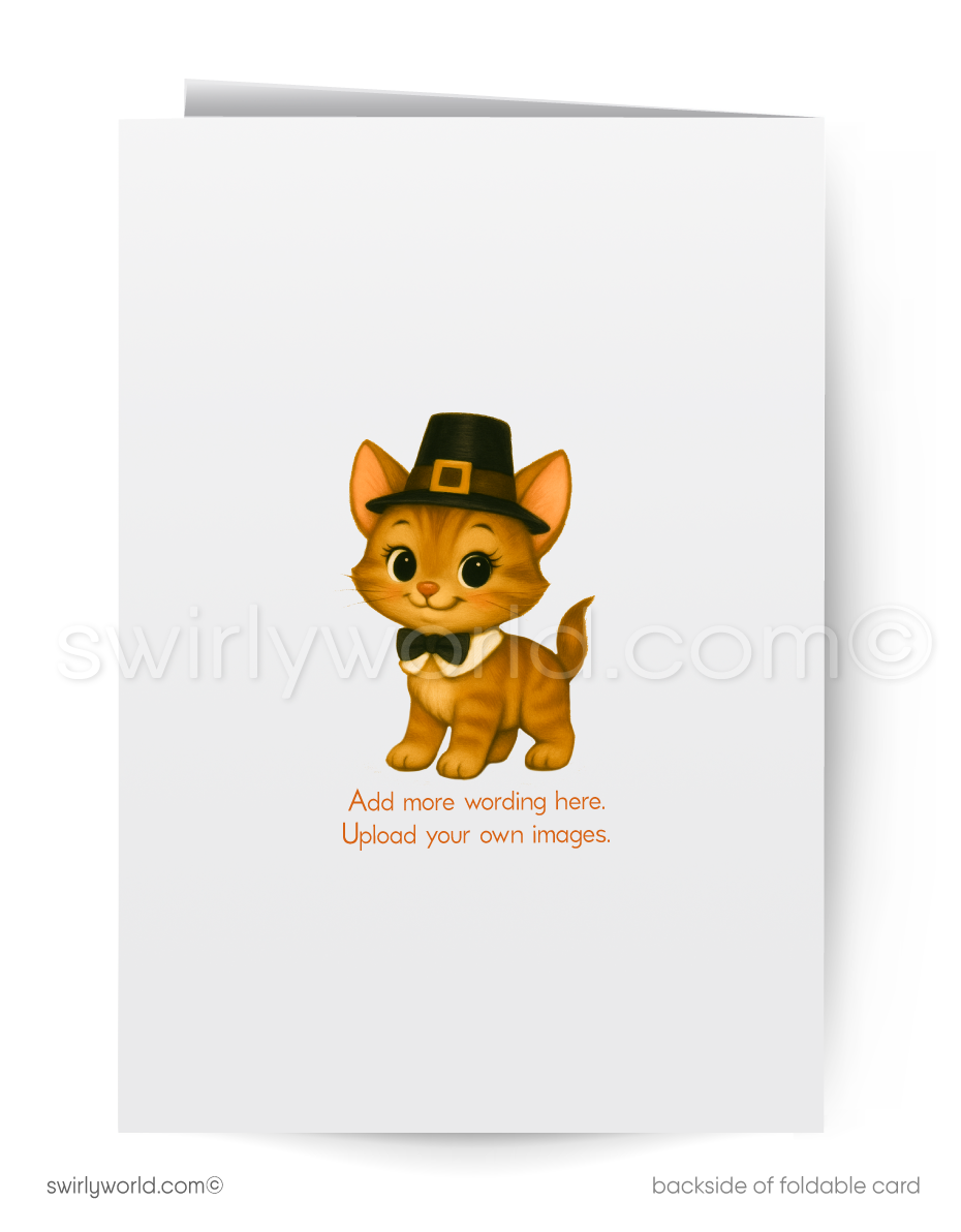 Greeting card with a cartoon cat in a pilgrim hat on a white background