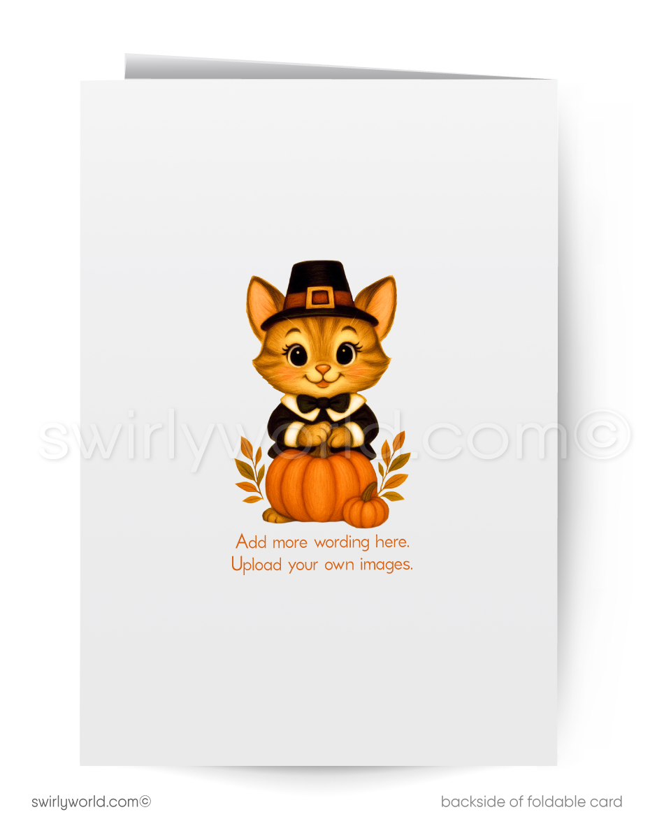 Greeting card with a cute cat in a pilgrim hat and bow tie sitting on a pumpkin, with space to add text.