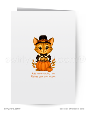 Greeting card with a cute cat in a pilgrim hat and bow tie sitting on a pumpkin, with space to add text.