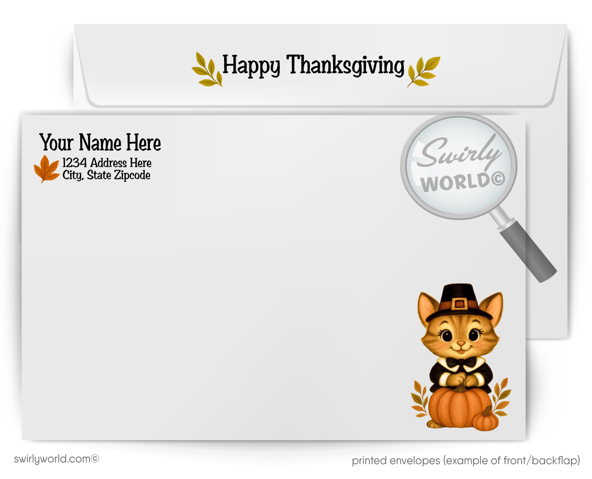 Thanksgiving-themed envelope with a cat in a pilgrim hat and pumpkin, Swirly World branding.