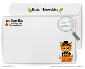 Thanksgiving-themed envelope with a cat in a pilgrim hat and pumpkin, Swirly World branding.