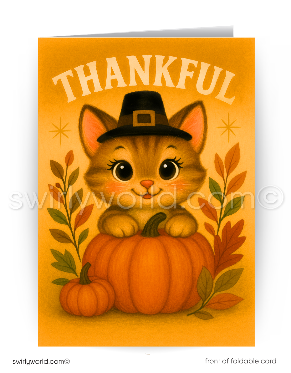 Greeting card with a cat in a pilgrim hat sitting on a pumpkin, surrounded by autumn leaves, and the word 'Thankful'.
