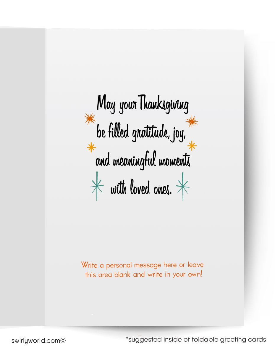 Vintage-style Thanksgiving card with a Pilgrim woman holding a turkey and a dog on a teal background.