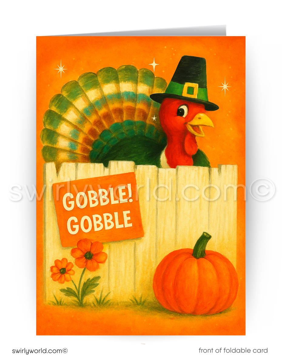 1950s-1960s Vintage Mid-Century Thanksgiving Card with Cheeky Turkey and "Gobble Gobble" Sign