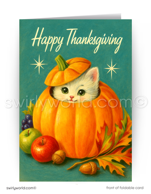 Vintage 1950s white kitten peeking out of pumpkin with retro style autumn leaves and foliage.