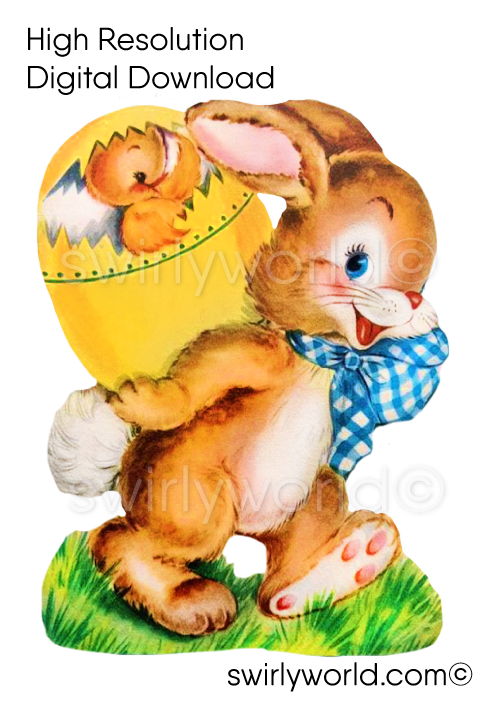 Very Rare vintage 1940s-1950s mid-century shabby chic kitschy retro Easter springtime Easter Bunny with Egg on Back illustration ephemera for digital download.