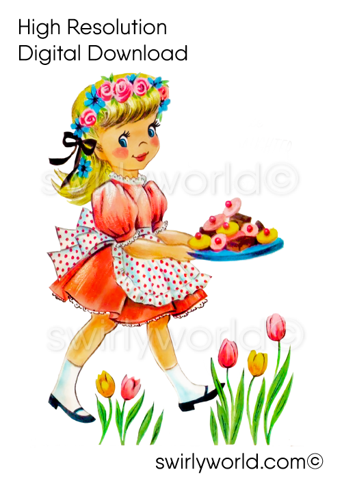 Shabby chic 1950s Kitschy girl in Easter Dress holding bunny with plate of sweets. A rare digital image download of vintage retro mid-century style Easter spring illustrations ephemera.
