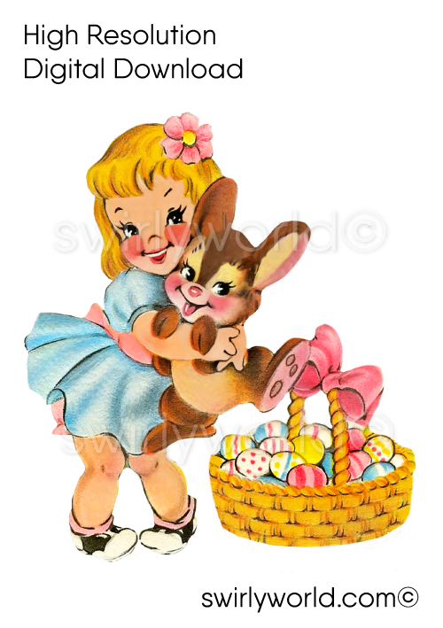 Shabby chic 1950s Kitschy girl in Easter Dress holding bunny with basket of colored dyed Easter eggs. A rare digital image download of vintage retro mid-century style Easter spring illustrations ephemera.