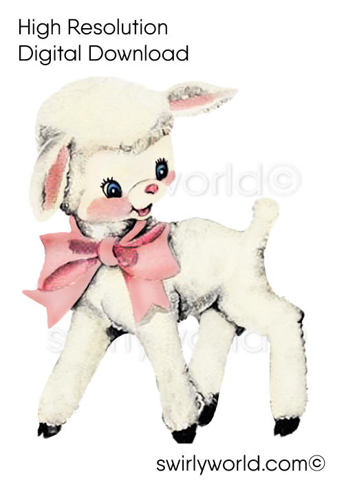 vintage-1940s-1960s-mid-century-modern-pastel-pink-kitschy-kitsch-shabby-chic-Baby-Lamb-retro-easter-illustrations-images