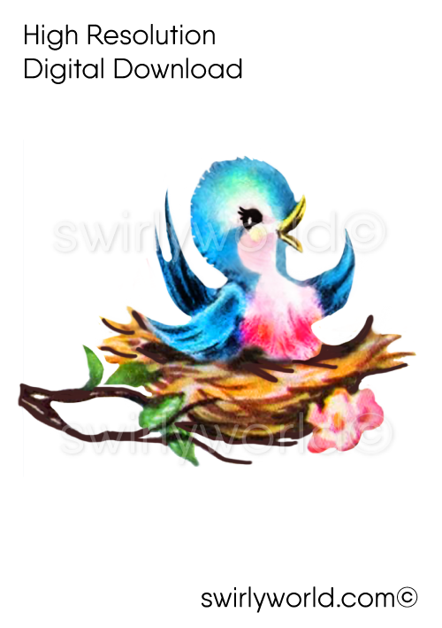 Shabby Chic retro kitsch style baby blue bird in nest vintage Springtime Easter ephemera images for digital download.