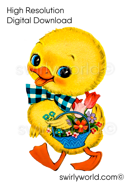 Shabby Chic retro kitsch style baby chick with easter basket vintage Springtime Easter ephemera images for digital download.