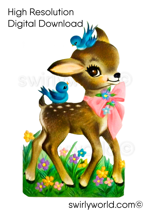 Retro mcm shabby chic, kitschy baby deer with baby blue birds. Springtime vintage 1940s-1950s Easter images for digital download.