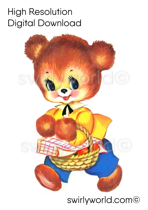 Shabby Chic retro kitsch style baby bear with picnic basket vintage Springtime Easter ephemera images for digital download.