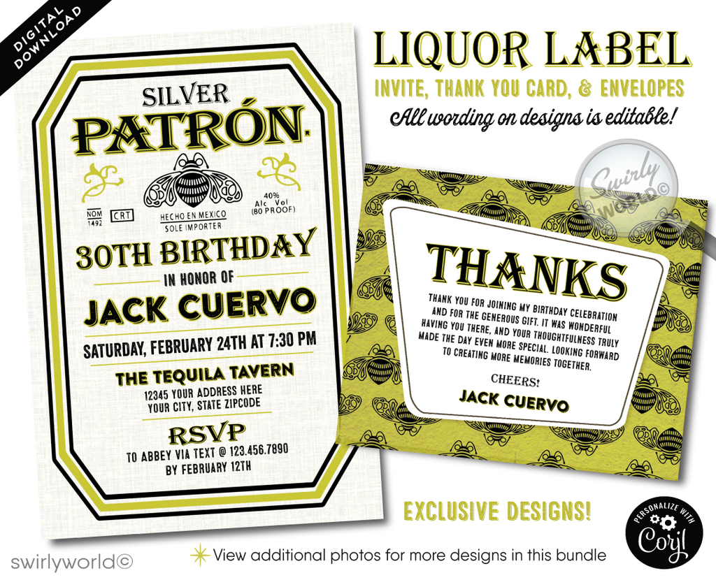 Celebrate in spirited style with our El Patrón Tequila Themed Birthday Party Invitation digital download, complete with matching thank you cards, specifically designed for the discerning gentleman and tequila aficionado. This exclusive invitation set is inspired by the iconic El Patrón Tequila label, embodying the essence of sophistication and the rich heritage of premium tequila making. It's the perfect toast to a milestone occasion for anyone who savors the refined taste of a classic tequila.