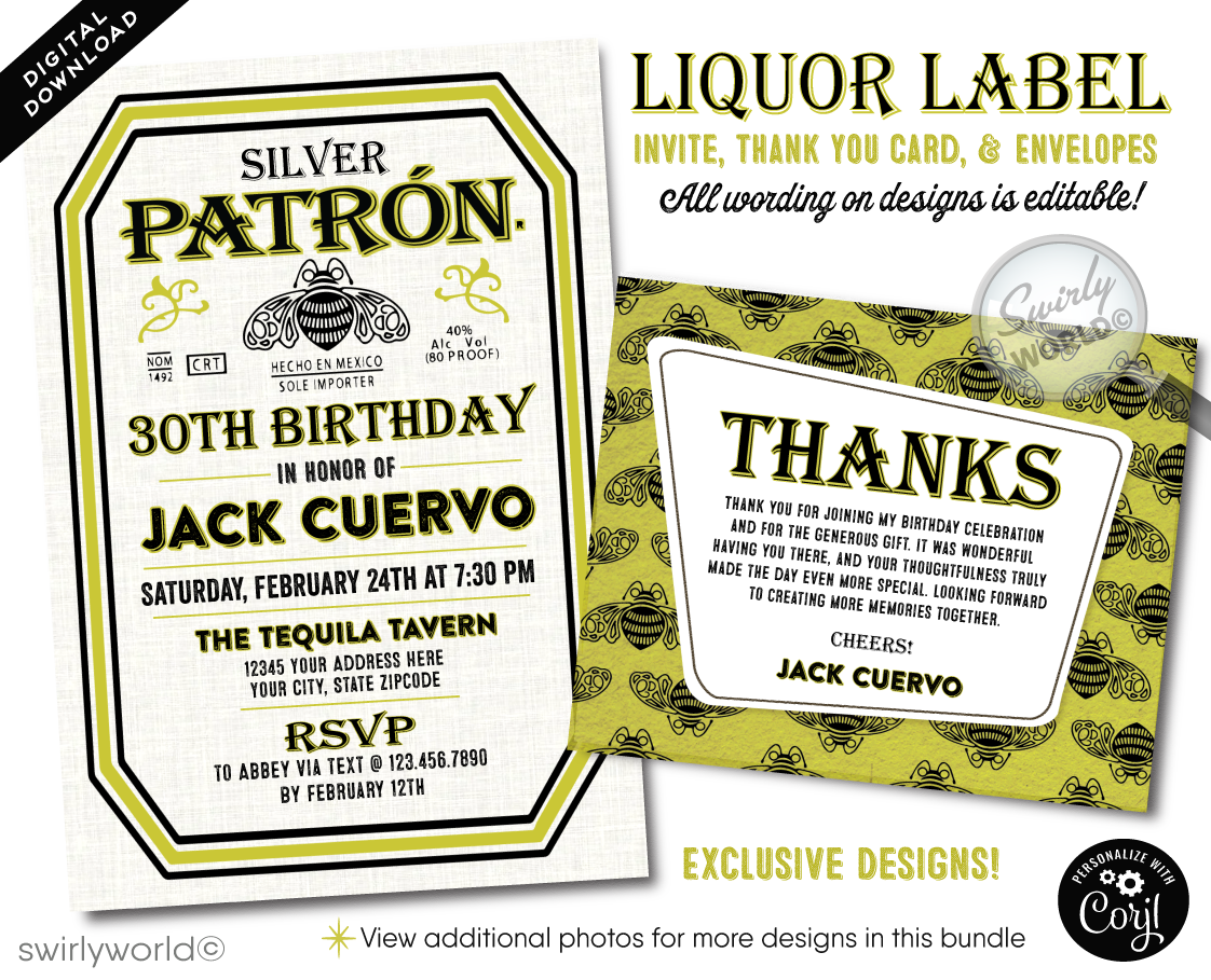 Celebrate in spirited style with our El Patrón Tequila Themed Birthday Party Invitation digital download, complete with matching thank you cards, specifically designed for the discerning gentleman and tequila aficionado. This exclusive invitation set is inspired by the iconic El Patrón Tequila label, embodying the essence of sophistication and the rich heritage of premium tequila making. It's the perfect toast to a milestone occasion for anyone who savors the refined taste of a classic tequila.