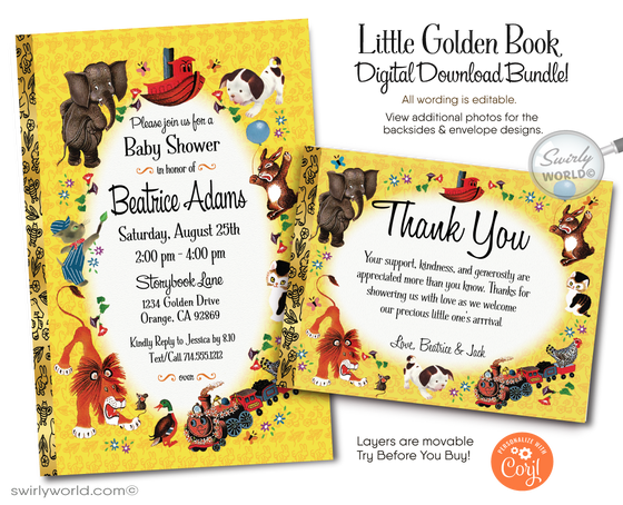  This delightful Little Golden Book digital downloadable invite set is inspired by the beloved nursery rhymes and timeless tales that have captured the hearts of generations. Featuring classic yellow tones and charming spot illustrations of iconic Little Golden Book characters, including the Pokey Little Puppy, The Shy Little Kitten, The Saggy Baggy Elephant, Tawny Scrawny Lion, and Scuffy the Tugboat