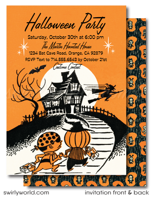 Throw a nostalgic Halloween bash with our 1950s-style Mid-Century Modern Retro Party Invitation! Featuring a haunted house, trick-or-treaters, and a witch flying across a moonlit sky, this digital download is easily customizable and perfect for capturing vintage vibes. Download, post, print, or email in seconds!