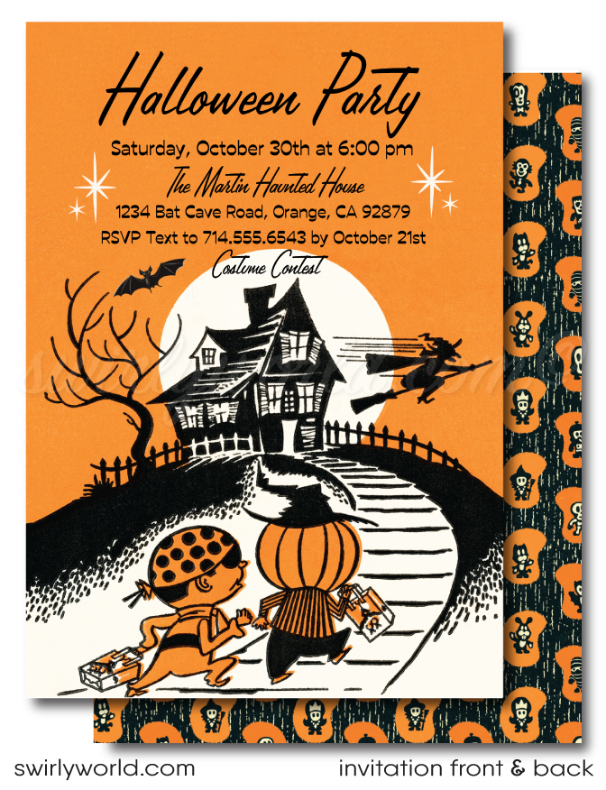 Vintage Child-Friendly 1950s-1960s MCM Mid-Century Modern Halloween Invitations