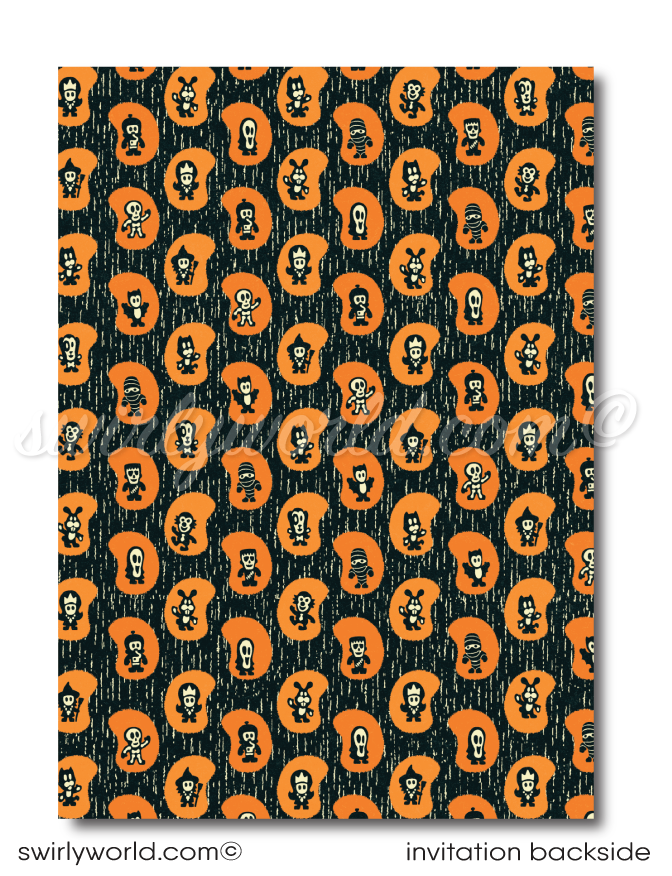 Throw a nostalgic Halloween bash with our 1950s-style Mid-Century Modern Retro Party Invitation! Featuring a haunted house, trick-or-treaters, and a witch flying across a moonlit sky, this digital download is easily customizable and perfect for capturing vintage vibes. Download, post, print, or email in seconds!