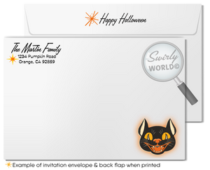 Host a stylish Halloween bash with our 1950s Mid-Century Modern Retro invitations! Featuring a retro haunted house and trick-or-treaters, this unique design is customizable and printed on high-quality card stock. We handle the printing and ship to your doorstep for a hassle-free experience. Perfect for vintage vibes!
