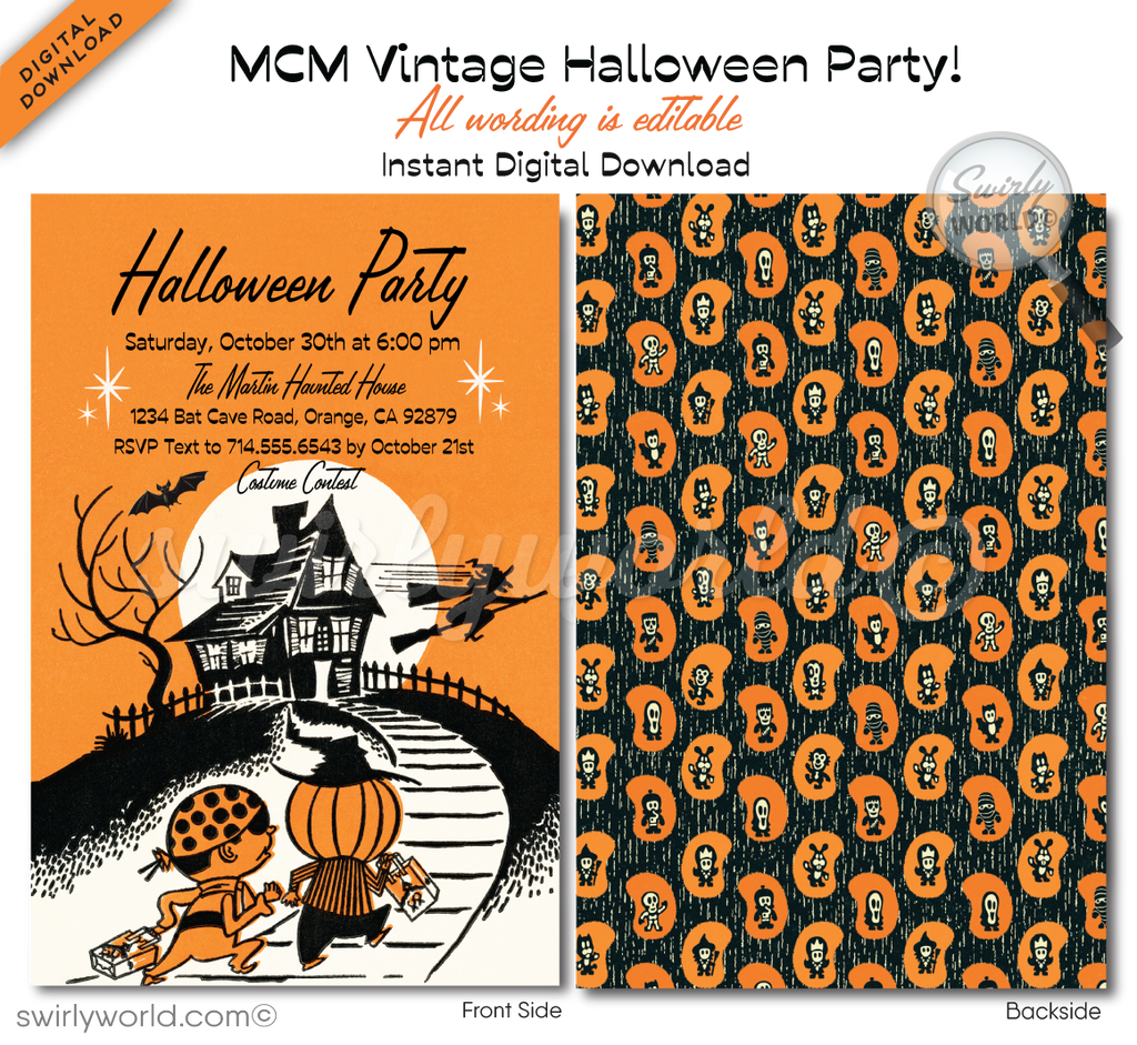 Throw a nostalgic Halloween bash with our 1950s-style Mid-Century Modern Retro Party Invitation! Featuring a haunted house, trick-or-treaters, and a witch flying across a moonlit sky, this digital download is easily customizable and perfect for capturing vintage vibes. Download, post, print, or email in seconds!