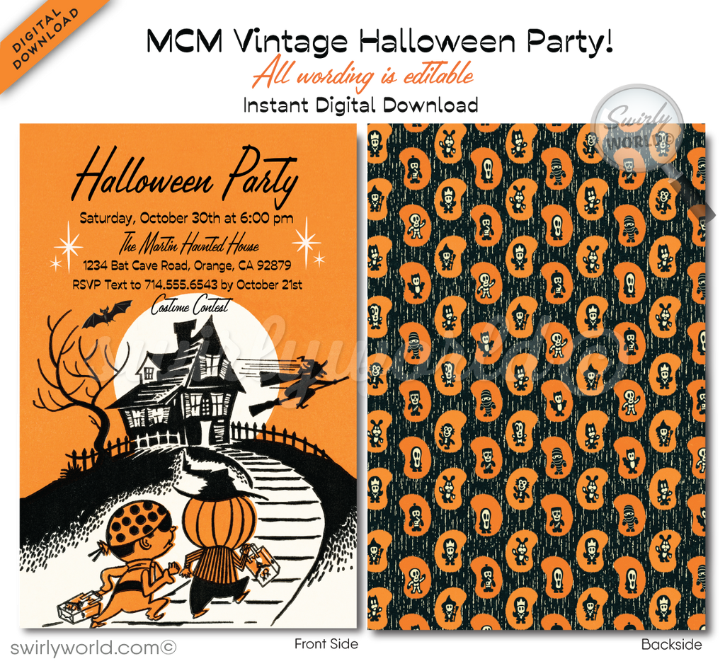 Vintage 1950s Retro Mid-Century Modern Retro Halloween Party Invitation Digital Download
