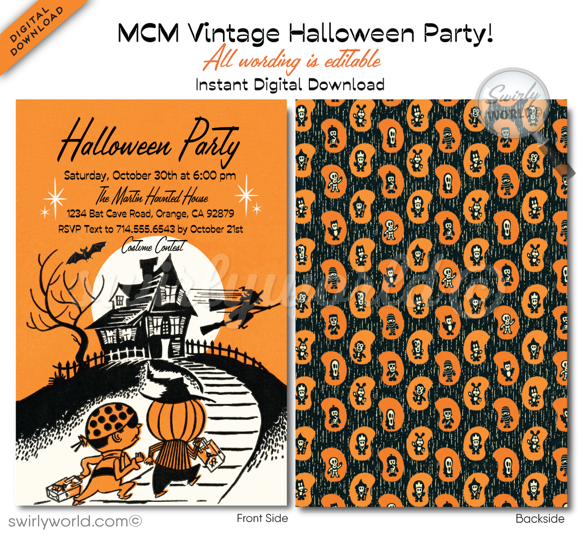 Throw a nostalgic Halloween bash with our 1950s-style Mid-Century Modern Retro Party Invitation! Featuring a haunted house, trick-or-treaters, and a witch flying across a moonlit sky, this digital download is easily customizable and perfect for capturing vintage vibes. Download, post, print, or email in seconds!