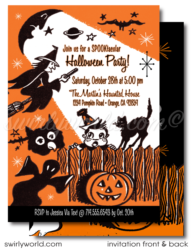 Vintage 1950s-1960s MCM Mid-Century Retro Halloween Party Invitation Digital Download