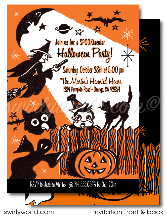 Create a memorable Halloween event with our 1950s-1960s MCM vintage-style party invitation! Featuring a retro mix of cute Halloween critters, ghosts, goblins, a witch, and a black cat with atomic starbursts, this unique design is easily customizable. Download instantly and share via post, print, text, or email.