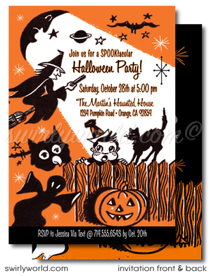 Create a memorable Halloween event with our 1950s-1960s MCM vintage-style party invitation! Featuring a retro mix of cute Halloween critters, ghosts, goblins, a witch, and a black cat with atomic starbursts, this unique design is easily customizable. Download instantly and share via post, print, text, or email.