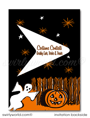 Create a memorable Halloween event with our 1950s-1960s MCM vintage-style party invitation! Featuring a retro mix of cute Halloween critters, ghosts, goblins, a witch, and a black cat with atomic starbursts, this unique design is easily customizable. Download instantly and share via post, print, text, or email.