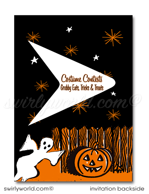 Vintage MCM Child-Friendly 1950s-1960s Retro Atomic Halloween Invitations & Envelopes