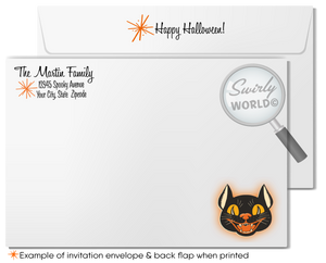 Create a memorable Halloween event with our 1950s-1960s MCM vintage-style party invitation! Featuring a retro mix of cute Halloween critters, ghosts, goblins, a witch, and a black cat with atomic starbursts, this unique design is easily customizable. Download instantly and share via post, print, text, or email.