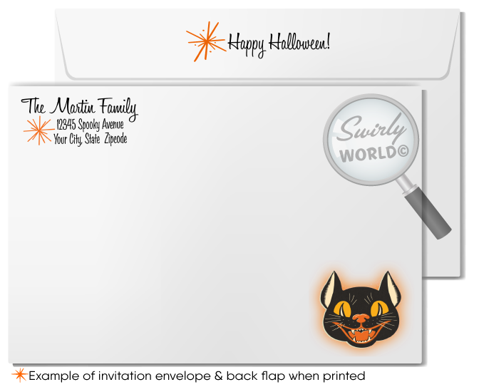 Elevate your Halloween party with Swirly World's Atomic 1950s Mid-Century Modern Retro Invitations. Featuring a haunted house, vintage bats, and a ghost, this digital download offers retro charm. Customize and download instantly to share via print, text, email, or post.