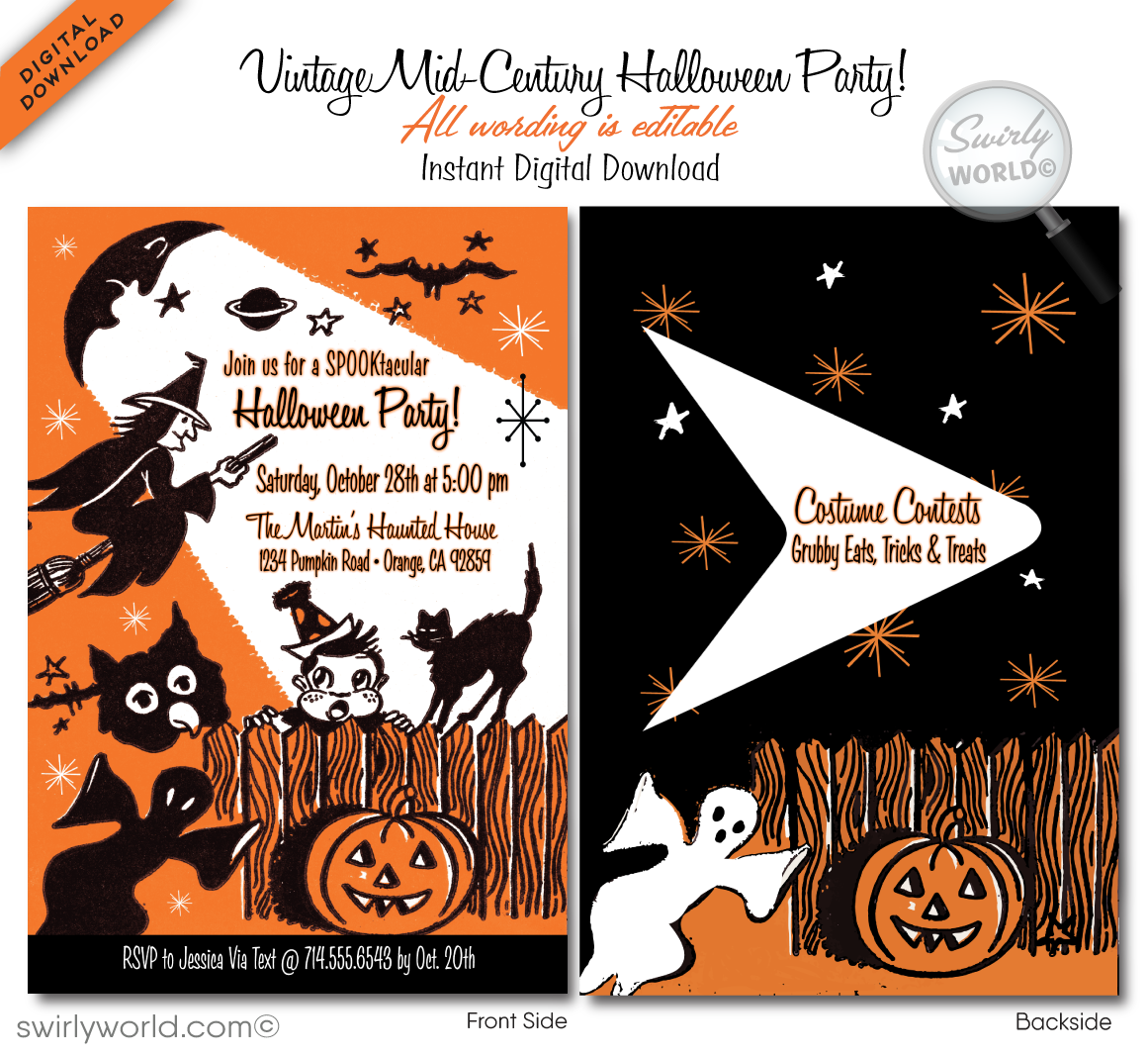Vintage 1950s-1960s MCM Mid-Century Retro Halloween Party Invitation Digital Download