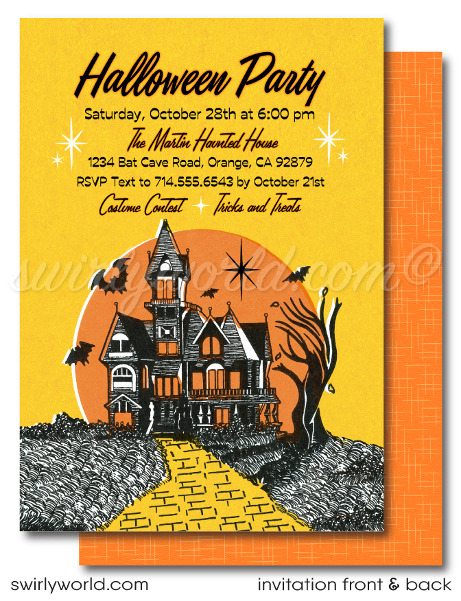 Elevate your Halloween party with Swirly World's Atomic 1950s Mid-Century Modern Retro Invitations. Featuring a haunted house, vintage bats, and a ghost, this digital download offers retro charm. Customize and download instantly to share via print, text, email, or post.