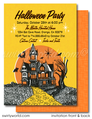 Elevate your Halloween party with Swirly World's Atomic 1950s Mid-Century Modern Retro Invitations. Featuring a haunted house, vintage bats, and a ghost, this digital download offers retro charm. Customize and download instantly to share via print, text, email, or post.
