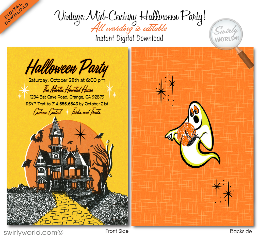 Elevate your Halloween party with Swirly World's Atomic 1950s Mid-Century Modern Retro Invitations. Featuring a haunted house, vintage bats, and a ghost, this digital download offers retro charm. Customize and download instantly to share via print, text, email, or post.