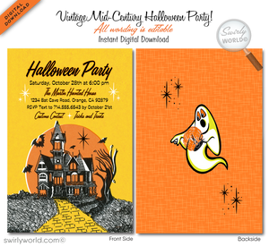 Elevate your Halloween party with Swirly World's Atomic 1950s Mid-Century Modern Retro Invitations. Featuring a haunted house, vintage bats, and a ghost, this digital download offers retro charm. Customize and download instantly to share via print, text, email, or post.