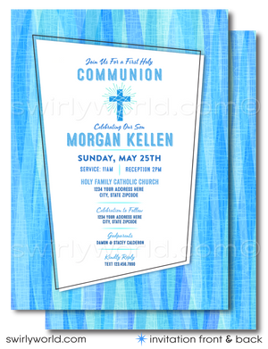 Explore our Retro Mid-Century Modern First Holy Communion Invitation Set designed for boys. Features editable vintage-style fonts, atomic mod starbursts, and a customizable photo option. Perfect for Communion, Baptism, or Confirmation. Includes invitations, thank you cards, and envelopes.