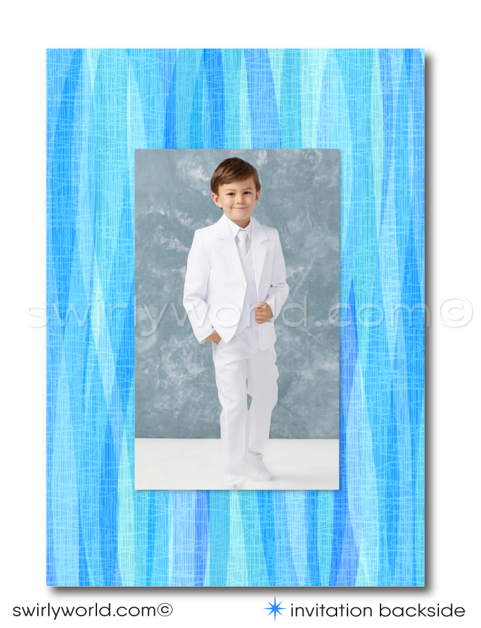 Explore our Retro Mid-Century Modern First Holy Communion Invitation Set designed for boys. Features editable vintage-style fonts, atomic mod starbursts, and a customizable photo option. Perfect for Communion, Baptism, or Confirmation. Includes invitations, thank you cards, and envelopes.