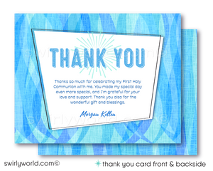 Explore our Retro Mid-Century Modern First Holy Communion Invitation Set designed for boys. Features editable vintage-style fonts, atomic mod starbursts, and a customizable photo option. Perfect for Communion, Baptism, or Confirmation. Includes invitations, thank you cards, and envelopes.