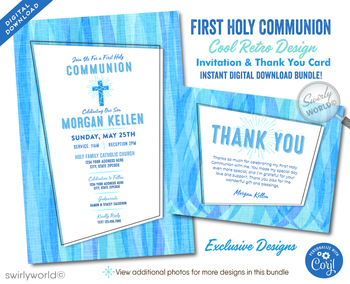 Explore our Retro Mid-Century Modern First Holy Communion Invitation Set designed for boys. Features editable vintage-style fonts, atomic mod starbursts, and a customizable photo option. Perfect for Communion, Baptism, or Confirmation. Includes invitations, thank you cards, and envelopes.