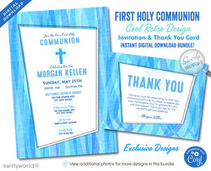 Explore our Retro Mid-Century Modern First Holy Communion Invitation Set designed for boys. Features editable vintage-style fonts, atomic mod starbursts, and a customizable photo option. Perfect for Communion, Baptism, or Confirmation. Includes invitations, thank you cards, and envelopes.
