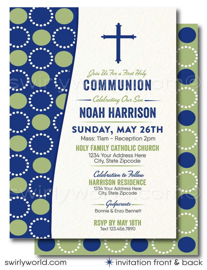 Discover our Retro Mid-Century Modern Invitation Set for First Holy Communion, Baptism, or Confirmation. Editable designs in navy and celery green with a geometric circle pattern and unique vintage typography. Add a personal touch with a photo on the back! Perfect for your special celebration.