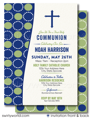 Discover our Retro Mid-Century Modern Invitation Set for First Holy Communion, Baptism, or Confirmation. Editable designs in navy and celery green with a geometric circle pattern and unique vintage typography. Add a personal touch with a photo on the back! Perfect for your special celebration.