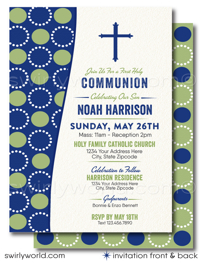 Discover our Retro Mid-Century Modern Printed Invitation Set for First Holy Communion, Baptism, or Confirmation. Editable designs in navy and celery green with a geometric circle pattern and unique vintage typography. Add a personal touch with a photo on the back! Perfect for your special celebration.