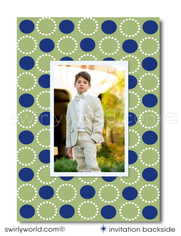 Discover our Retro Mid-Century Modern Invitation Set for First Holy Communion, Baptism, or Confirmation. Editable designs in navy and celery green with a geometric circle pattern and unique vintage typography. Add a personal touch with a photo on the back! Perfect for your special celebration.