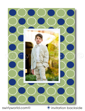 Mid-Century Mod Sacramental Invitation Set - Navy & Celery Green, Editable for Communion, Baptism, Confirmation