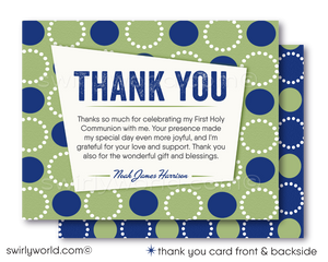 Discover our Retro Mid-Century Modern Invitation Set for First Holy Communion, Baptism, or Confirmation. Editable designs in navy and celery green with a geometric circle pattern and unique vintage typography. Add a personal touch with a photo on the back! Perfect for your special celebration.